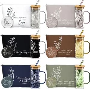 Fumete 6 Sets Christian Gifts for Women Bible Verse Flower Makeup Bags Religious Glass Coffee Cup with Handle Bamboo Lid Straw Christian Compact Mirrors for Church Teachers Nurses Graduation Gifts