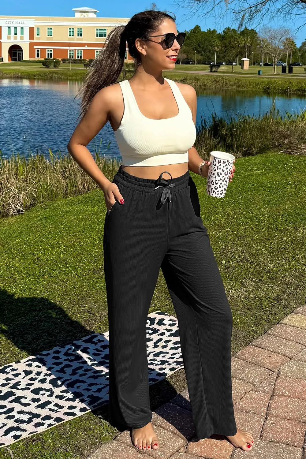 G4Free Ribbed Wide Leg Yoga Pants for Women with Pockets Drawstring High Waist Casual Lounge Pants Petite/Regular/Tall