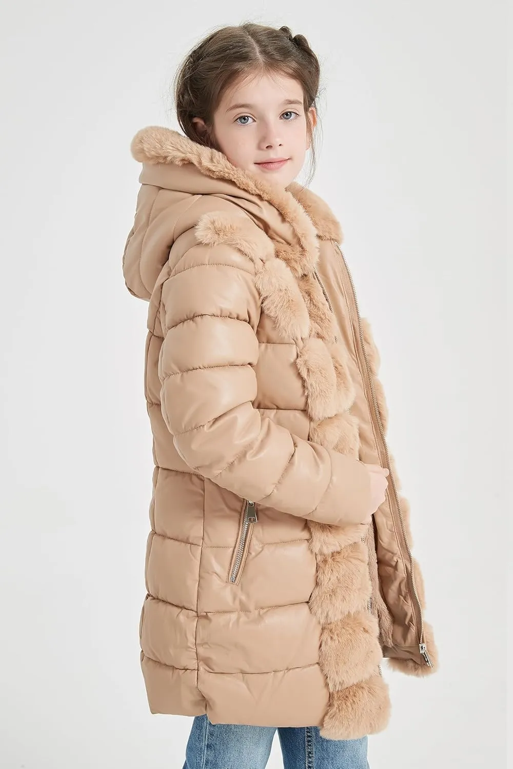 Giolshon Winter Girls Thickened Puffer coat shining Padded jacket Kids Ski Snow Outwear with Faux Fur Collar 7695