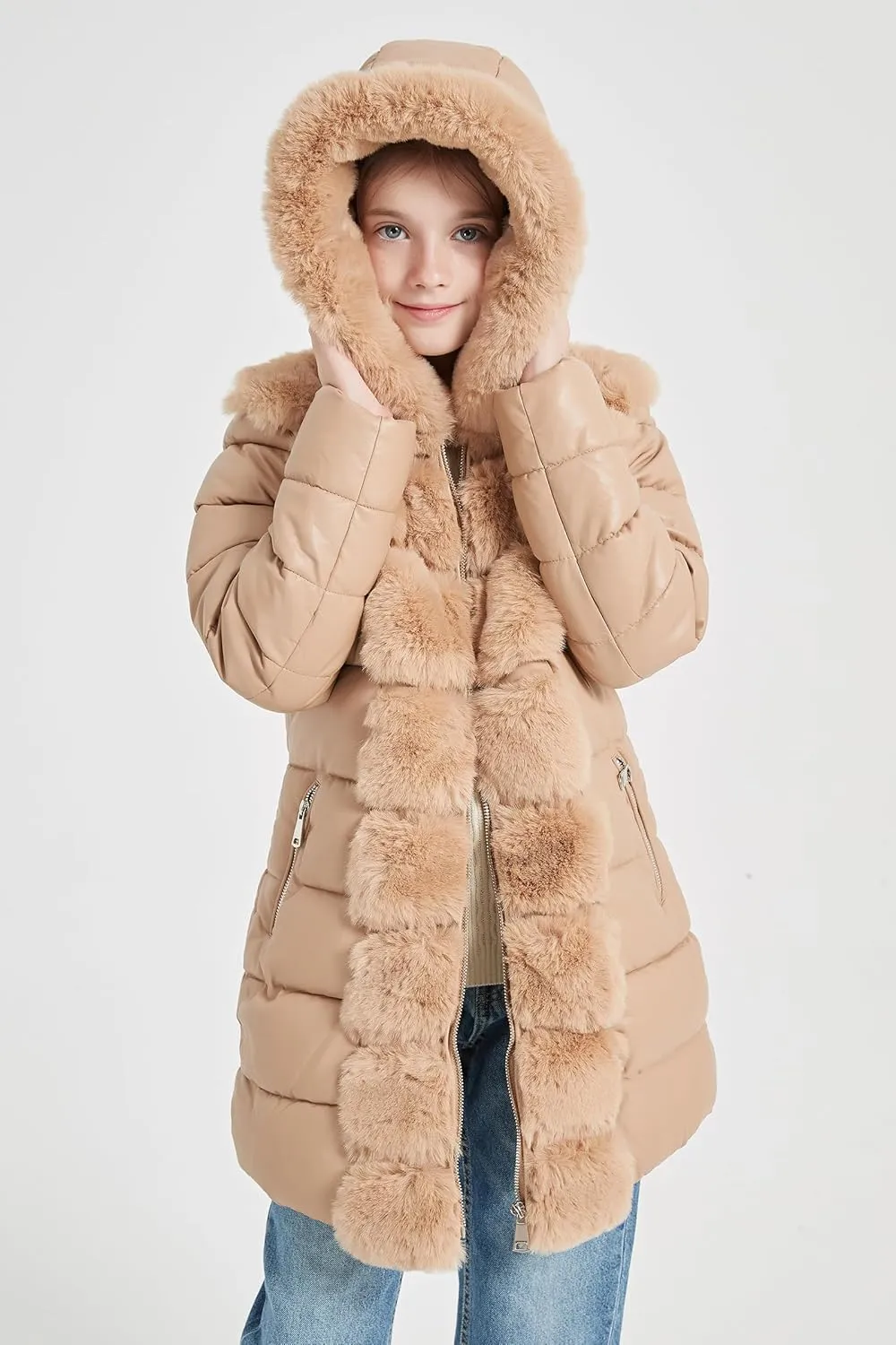 Giolshon Winter Girls Thickened Puffer coat shining Padded jacket Kids Ski Snow Outwear with Faux Fur Collar 7695