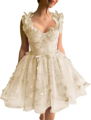 Girls 3D Butterfly Homecoming Dresses Short Tulle Lace Corset Bodice Puffy Mini Length Cocktail Party Dress