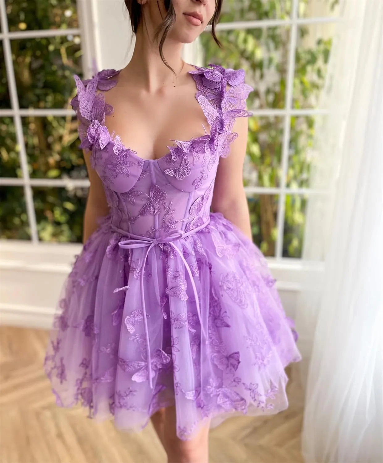 Girls 3D Butterfly Homecoming Dresses Short Tulle Lace Corset Bodice Puffy Mini Length Cocktail Party Dress