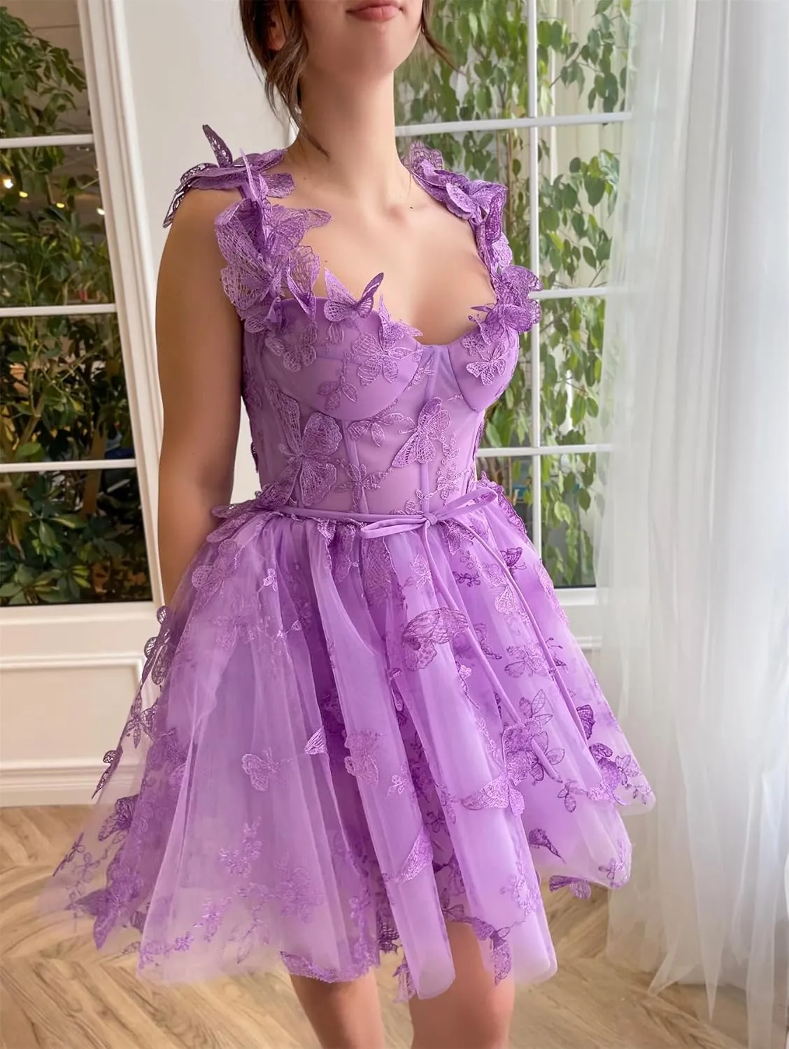 Girls 3D Butterfly Homecoming Dresses Short Tulle Lace Corset Bodice Puffy Mini Length Cocktail Party Dress