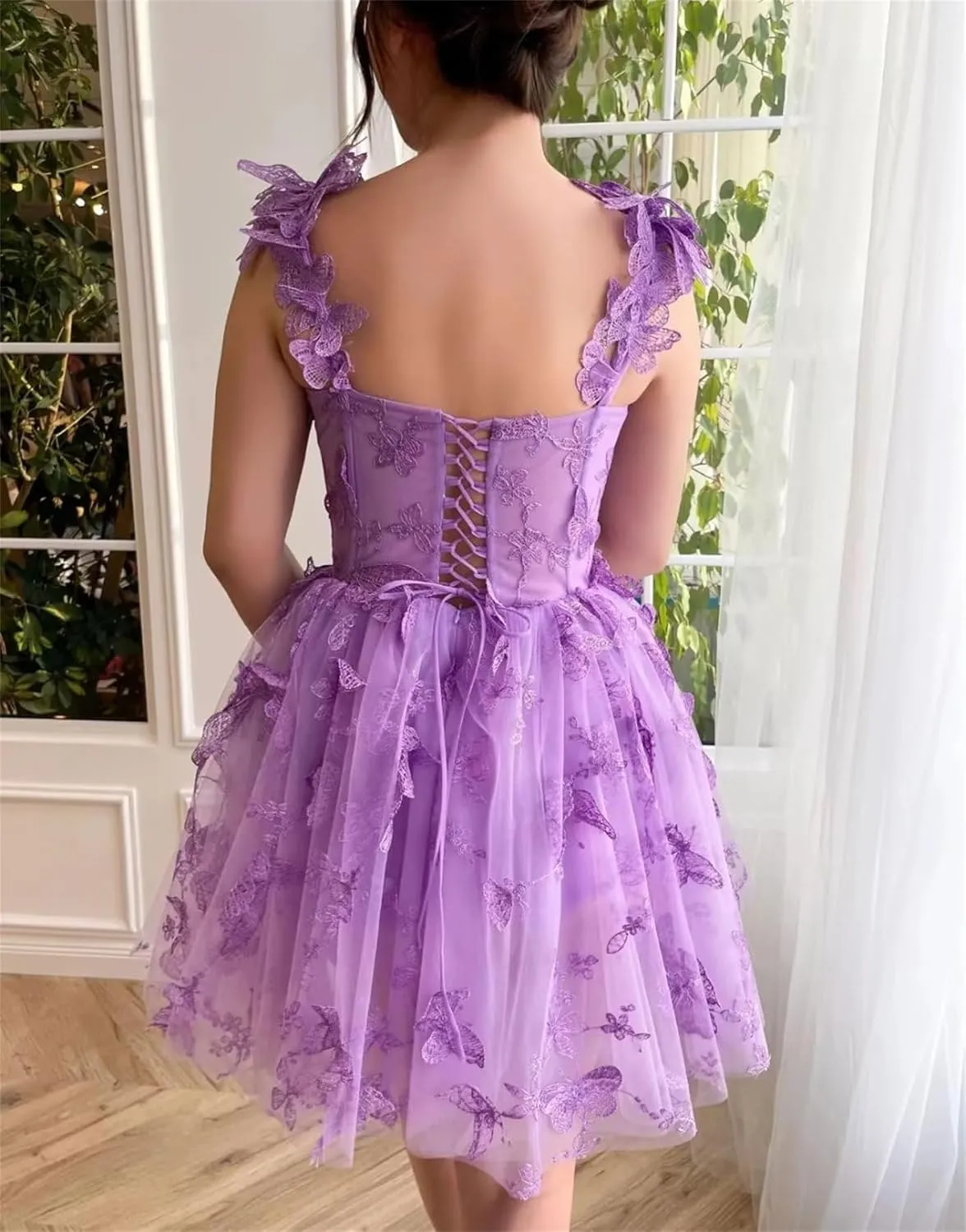 Girls 3D Butterfly Homecoming Dresses Short Tulle Lace Corset Bodice Puffy Mini Length Cocktail Party Dress
