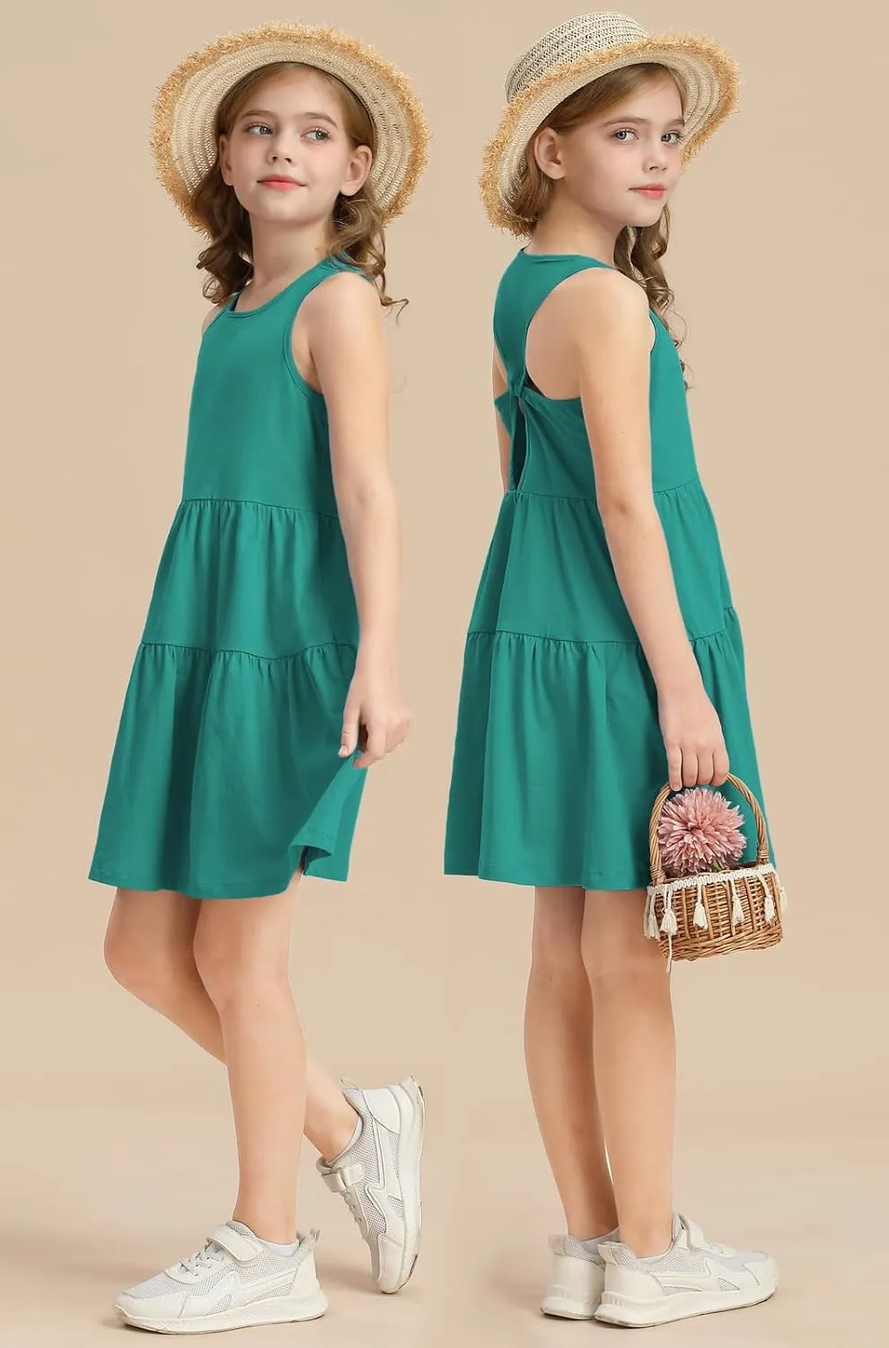 Girls Summer Midi Dress Sleeveless Back Detailed Tiered Sundress Vacation Beach 5-10 Years