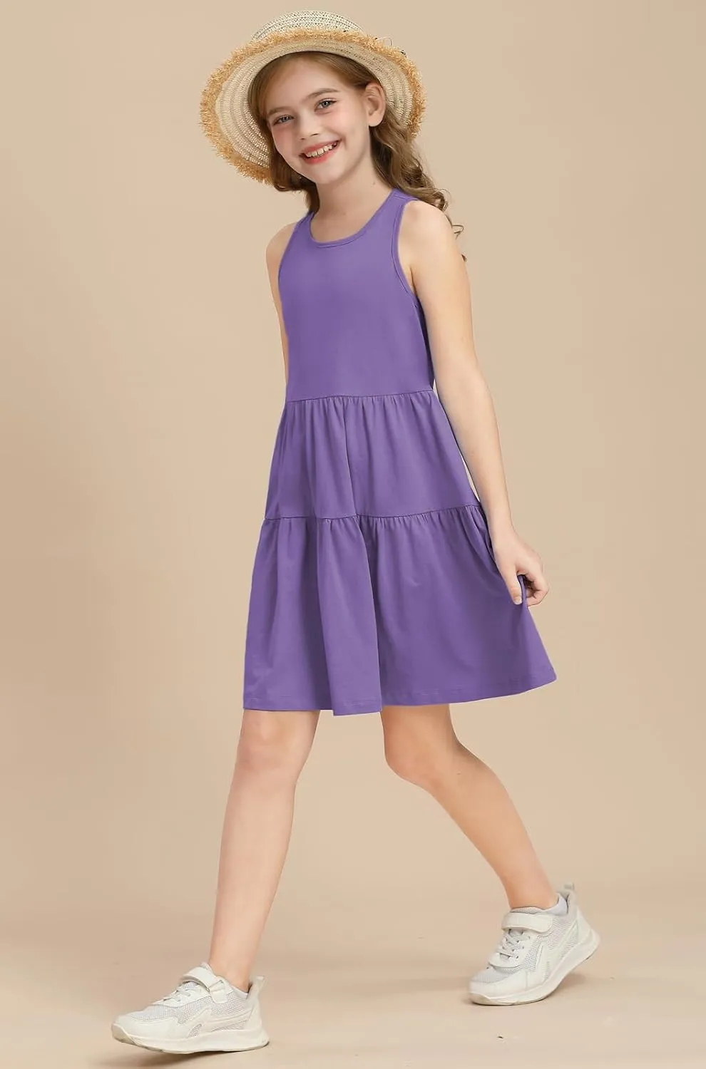 Girls Summer Midi Dress Sleeveless Back Detailed Tiered Sundress Vacation Beach 5-10 Years