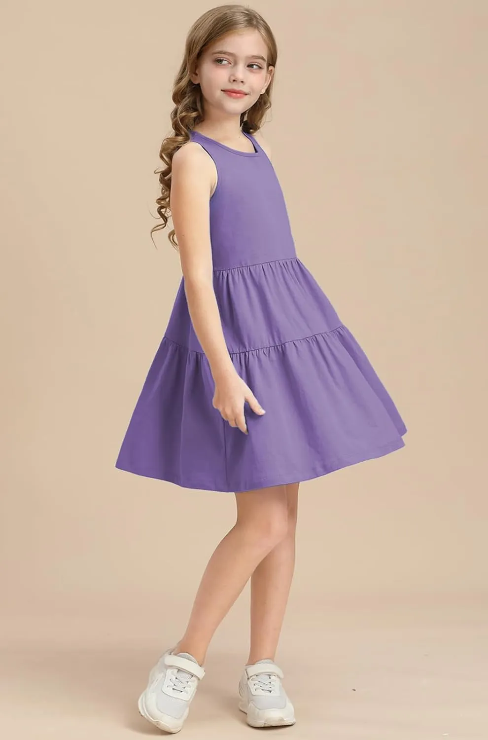 Girls Summer Midi Dress Sleeveless Back Detailed Tiered Sundress Vacation Beach 5-10 Years