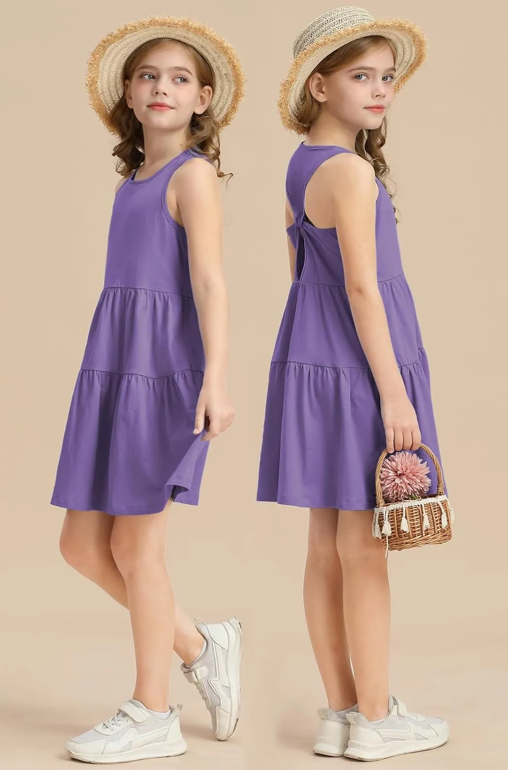 Girls Summer Midi Dress Sleeveless Back Detailed Tiered Sundress Vacation Beach 5-10 Years