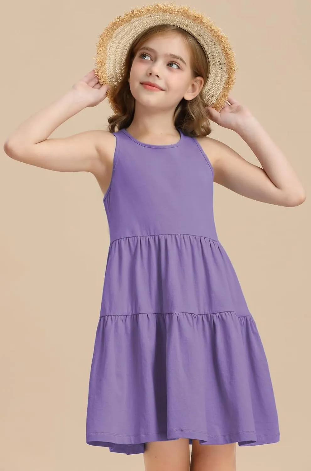 Girls Summer Midi Dress Sleeveless Back Detailed Tiered Sundress Vacation Beach 5-10 Years