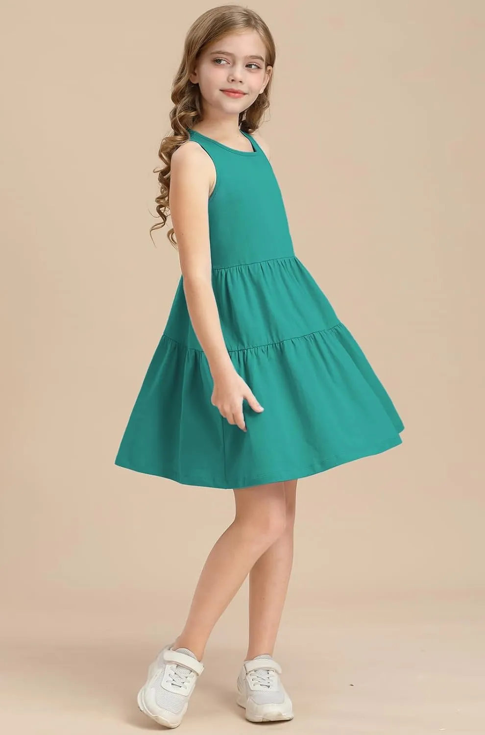 Girls Summer Midi Dress Sleeveless Back Detailed Tiered Sundress Vacation Beach 5-10 Years
