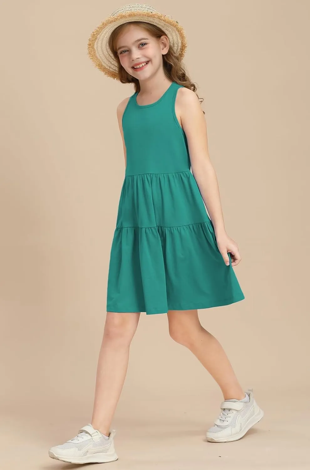 Girls Summer Midi Dress Sleeveless Back Detailed Tiered Sundress Vacation Beach 5-10 Years