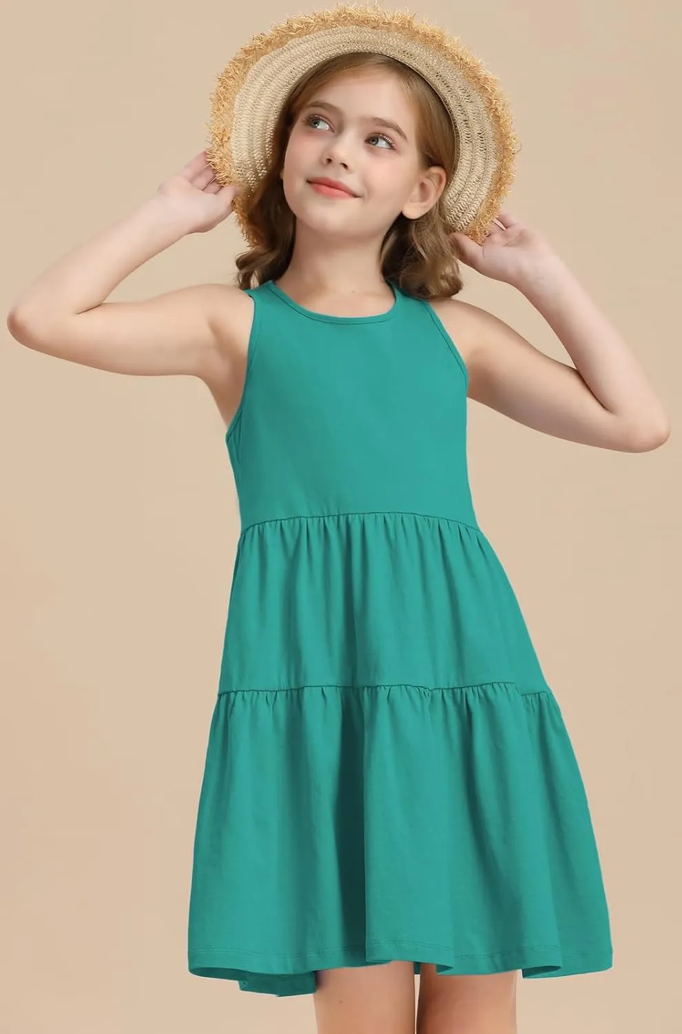 Girls Summer Midi Dress Sleeveless Back Detailed Tiered Sundress Vacation Beach 5-10 Years