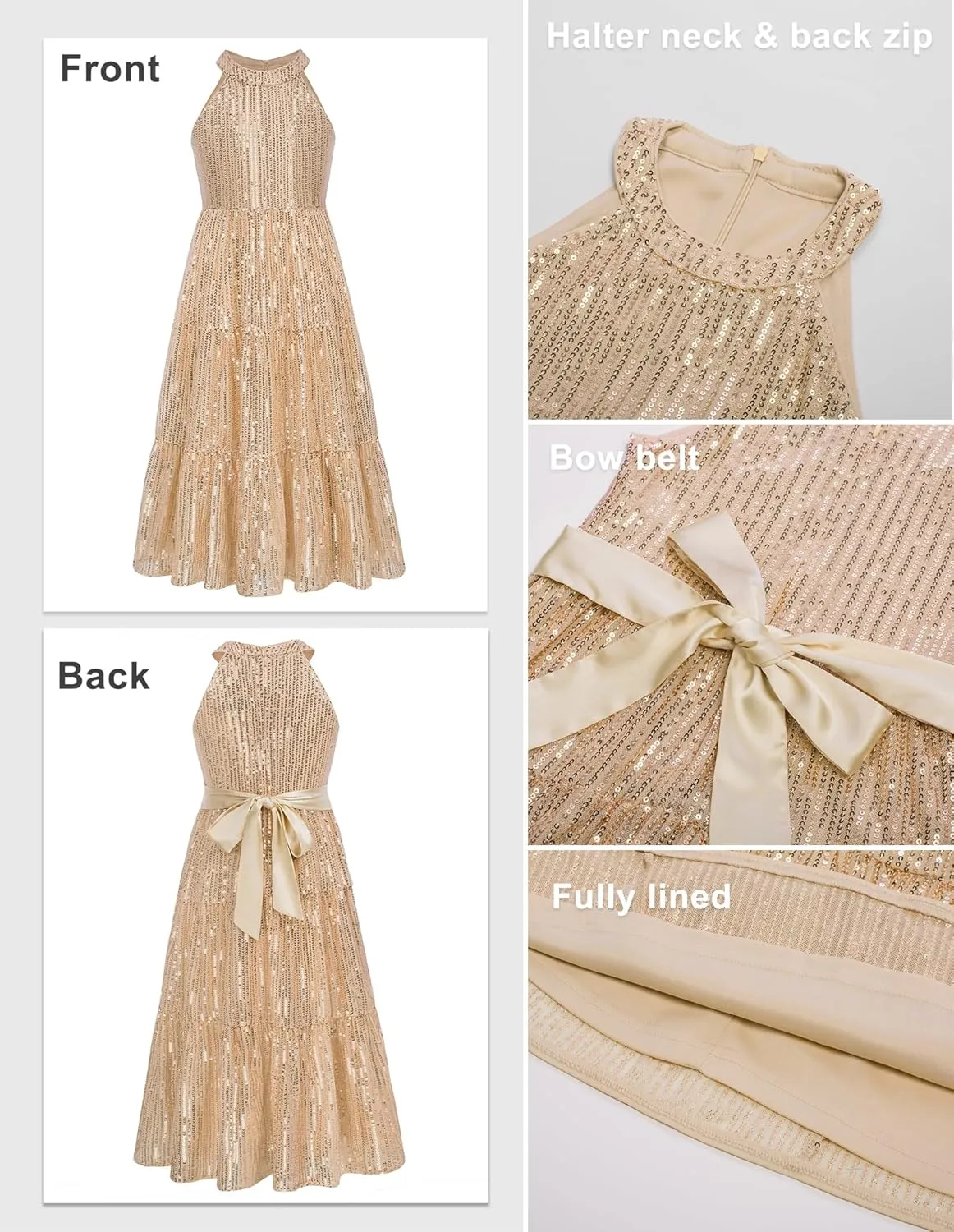 GRACE KARIN Girls Sequin Dress Formal Party Elegant Fancy Girls Maxi Long Dress for 5-14Y