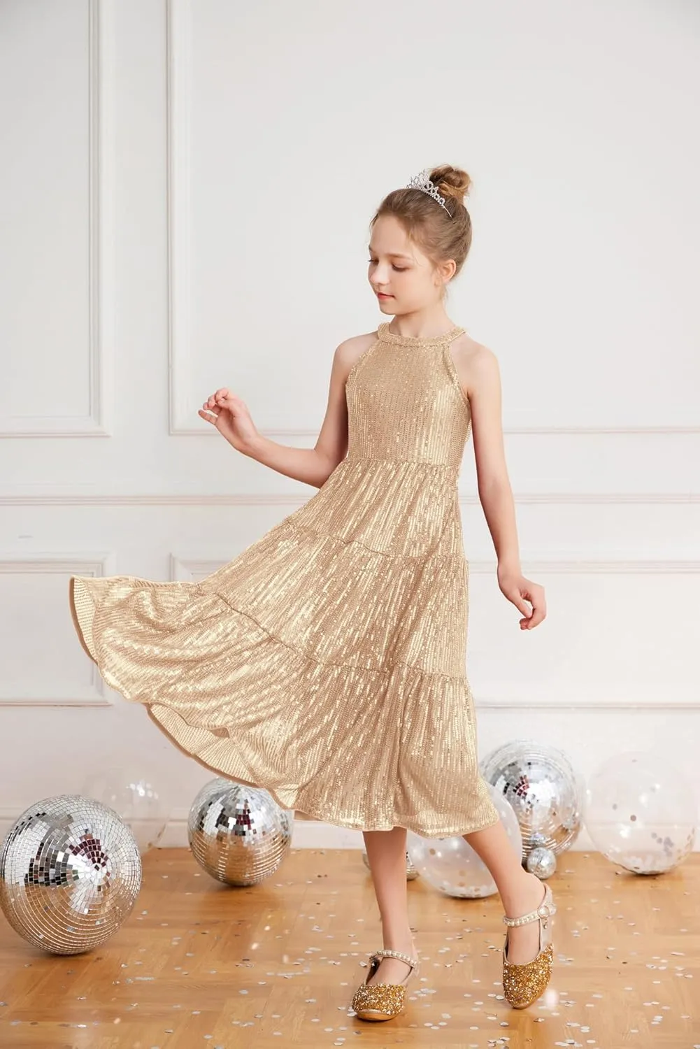 GRACE KARIN Girls Sequin Dress Formal Party Elegant Fancy Girls Maxi Long Dress for 5-14Y