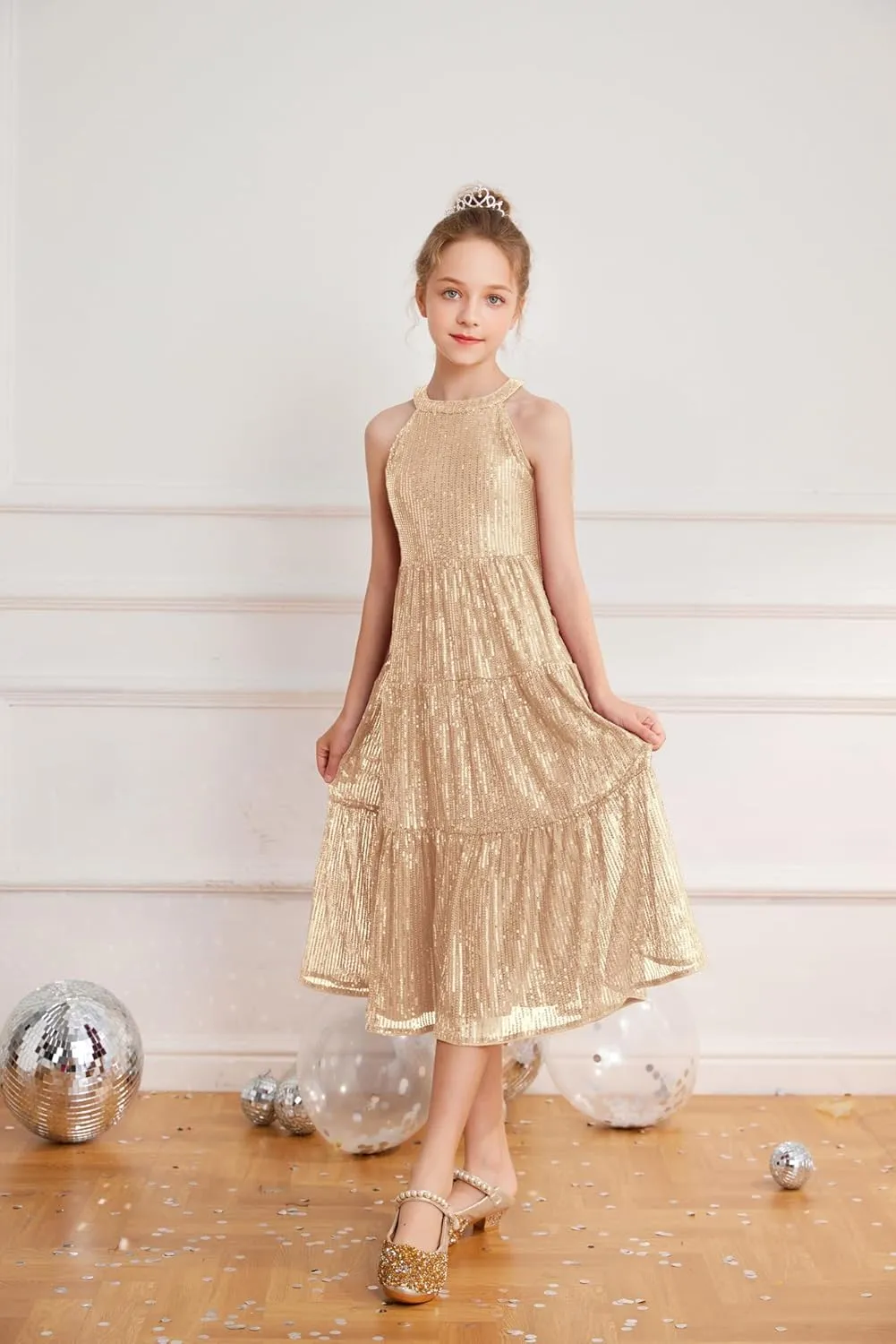GRACE KARIN Girls Sequin Dress Formal Party Elegant Fancy Girls Maxi Long Dress for 5-14Y