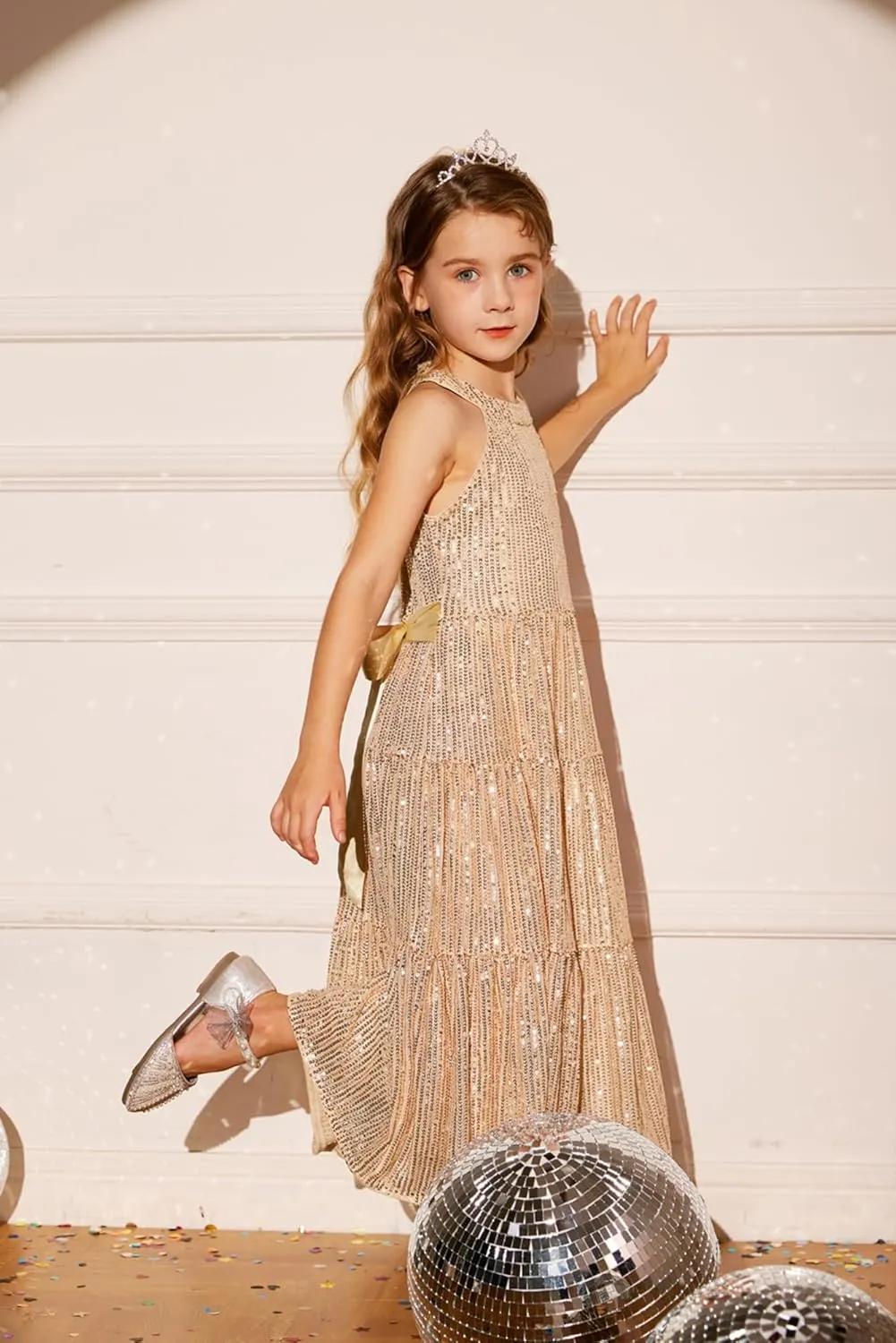 GRACE KARIN Girls Sequin Dress Formal Party Elegant Fancy Girls Maxi Long Dress for 5-14Y