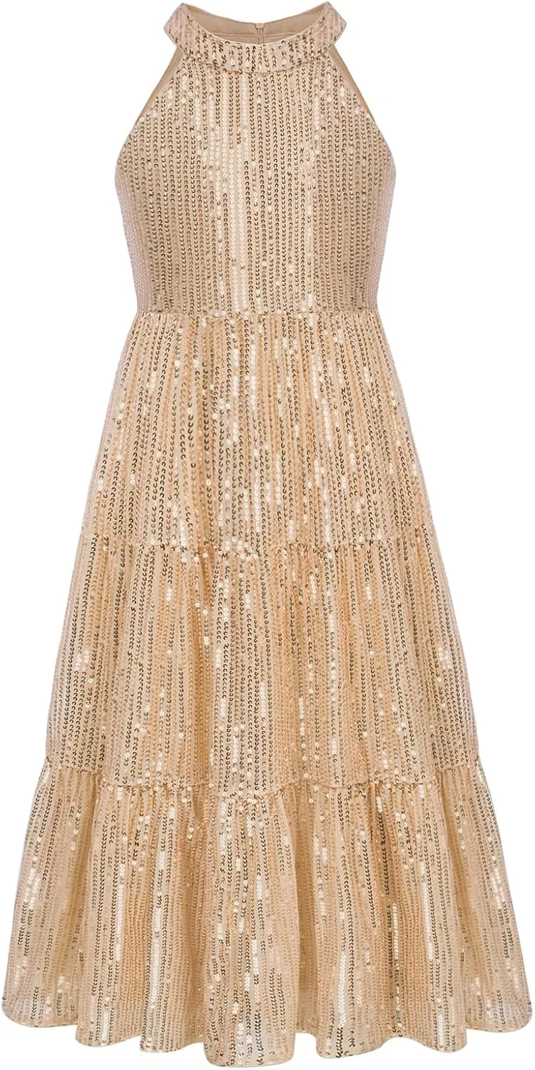 GRACE KARIN Girls Sequin Dress Formal Party Elegant Fancy Girls Maxi Long Dress for 5-14Y