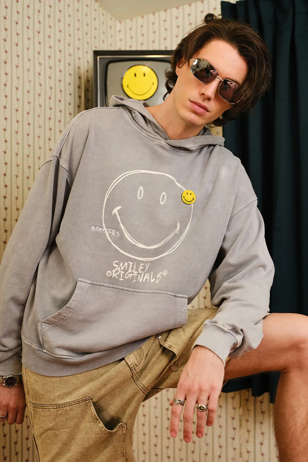 Grey Faded Smiley Originals Hoodie