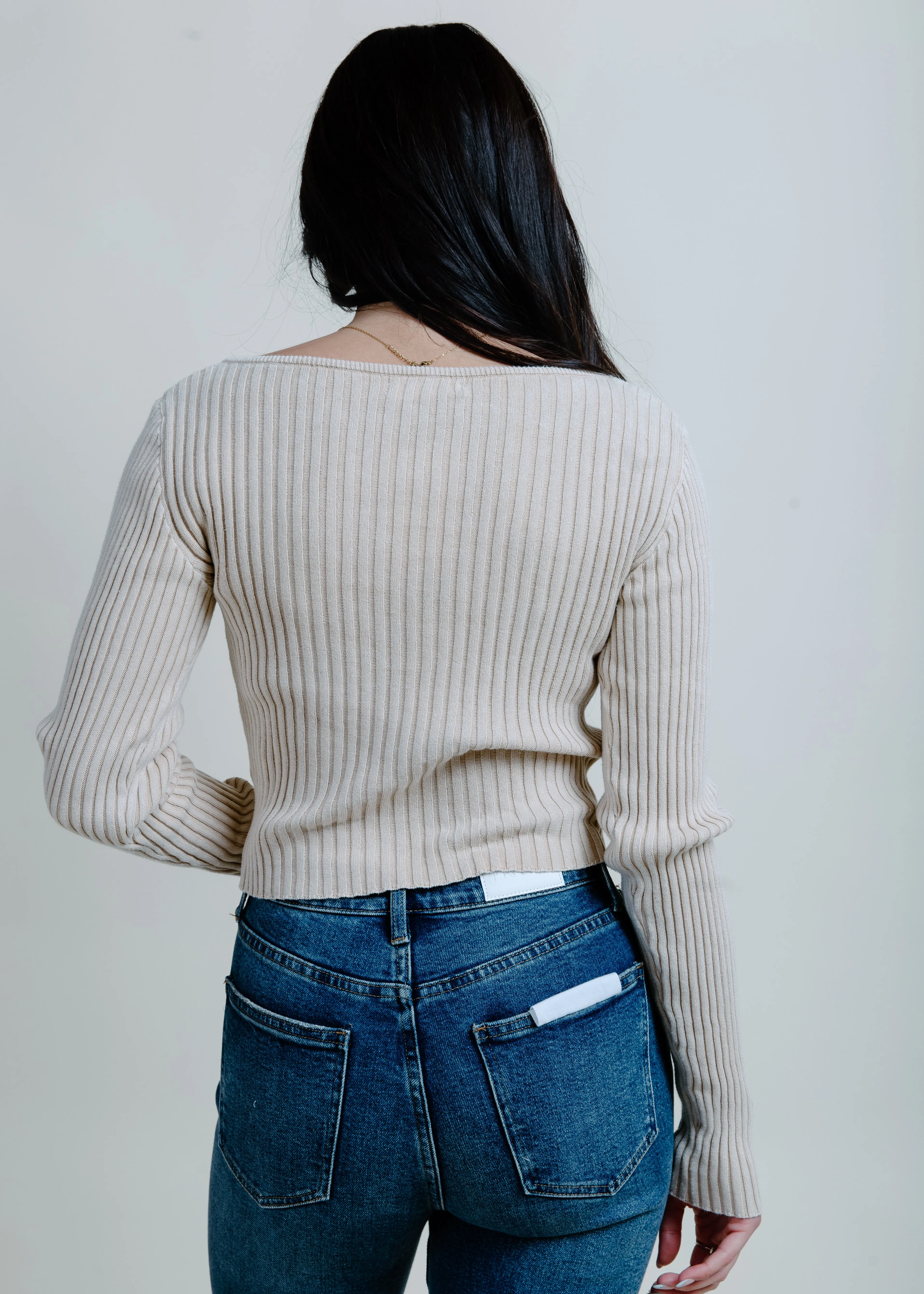 Hailey Ribbed Henley Top - Ash Beige