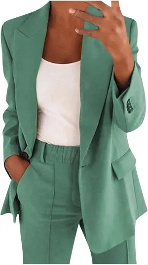 HGps8w 2 Piece Outfits for Women Dressy Work Pants Suits, Blazer Jacket & Straight-Leg Long Pants Business Casual Clothes