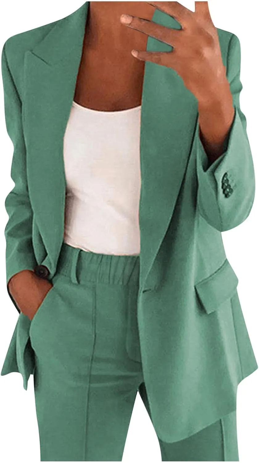 HGps8w 2 Piece Outfits for Women Dressy Work Pants Suits, Blazer Jacket & Straight-Leg Long Pants Business Casual Clothes