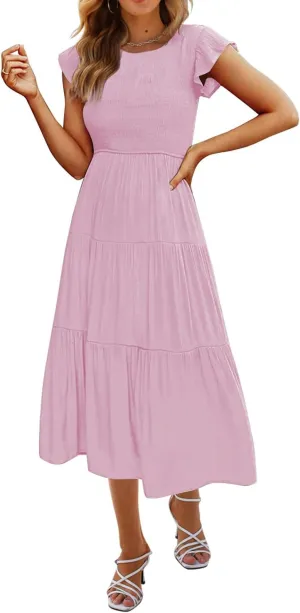 Hount Women's Casual Midi Dress Fultter Short Sleeve Elastic Waist Summer Tiered Smocked Dress with Pockets