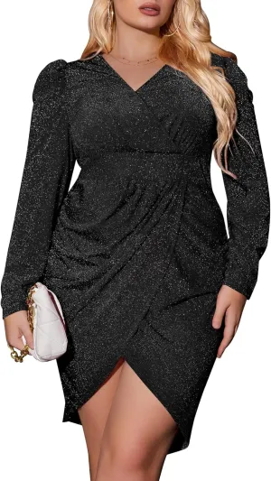 IN'VOLAND Plus Size Women's Sequin Sparkly Glitter Party Club Dress V Neck Ruched Cocktail Bodycon Dress