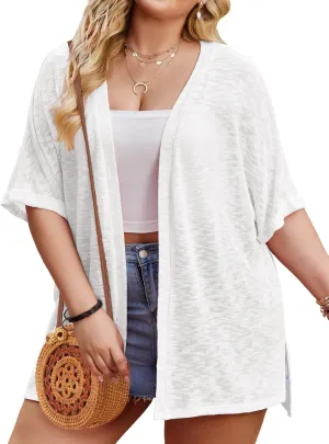 IN'VOLAND Womens Plus Size Lightweight Cardigan Open Front Short Sleeve Casual Loose Fit Beach Cover Up