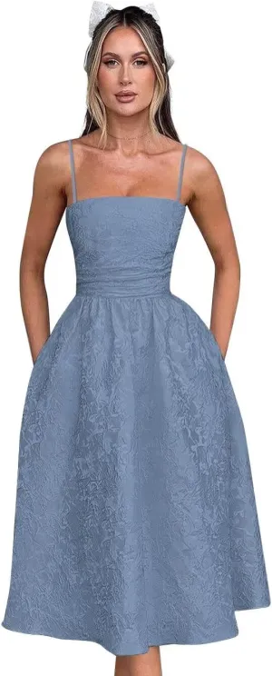 Jacquard Satin Prom Dresses with Bow 2025 Tea Length Party Dress Spaghetti Straps Evening Dress for Women