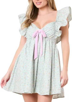 Juakoso Women Y2k Cute Babydoll Mini Dress Bow Tie A-Line Ruffle Short Dress Fairycore Backless Flowy Sun Dress