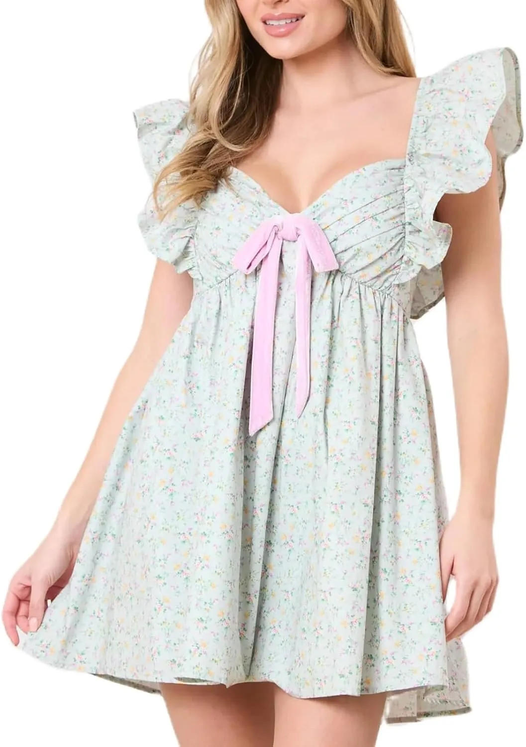 Juakoso Women Y2k Cute Babydoll Mini Dress Bow Tie A-Line Ruffle Short Dress Fairycore Backless Flowy Sun Dress