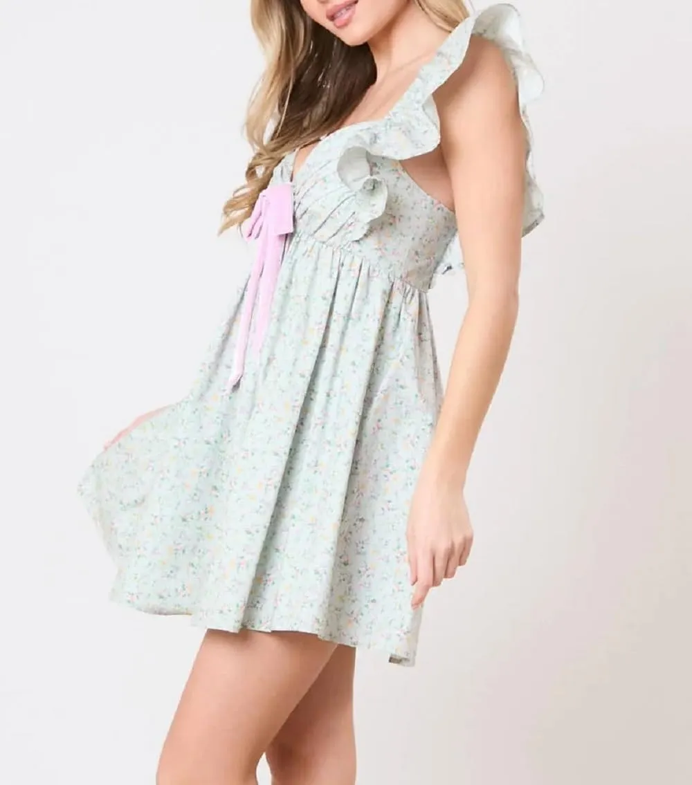 Juakoso Women Y2k Cute Babydoll Mini Dress Bow Tie A-Line Ruffle Short Dress Fairycore Backless Flowy Sun Dress
