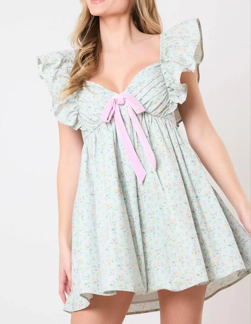 Juakoso Women Y2k Cute Babydoll Mini Dress Bow Tie A-Line Ruffle Short Dress Fairycore Backless Flowy Sun Dress