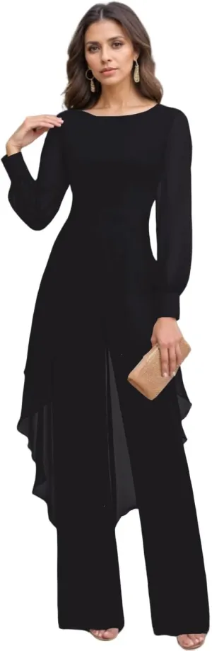 Jumpsuit Mother of the Bride Dress Chiffon Scoop Neck Long Sleeve Elegant Wedding Guest Dress with Pleats 2025
