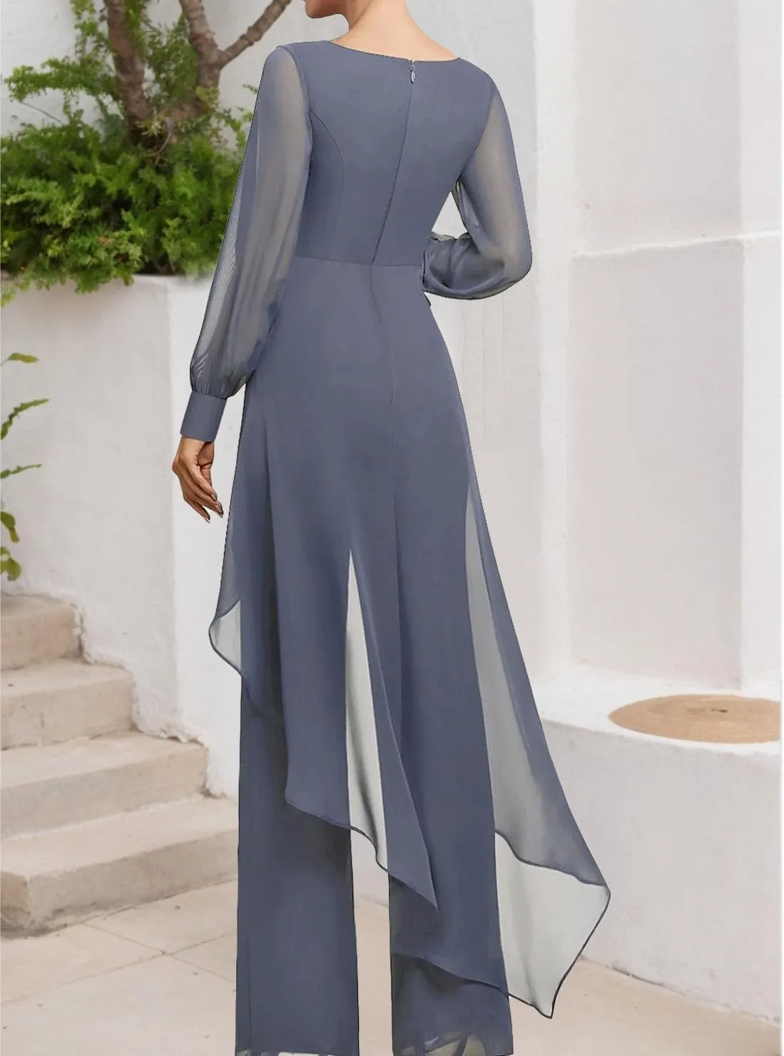 Jumpsuit Mother of the Bride Dress Chiffon Scoop Neck Long Sleeve Elegant Wedding Guest Dress with Pleats 2025