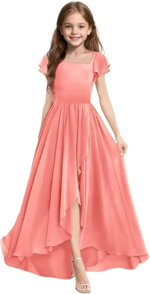 Junior Bridesmaid Dress for Wedding Floor-Length A Line Chiffon Flower Girl Dress for Teen Girls