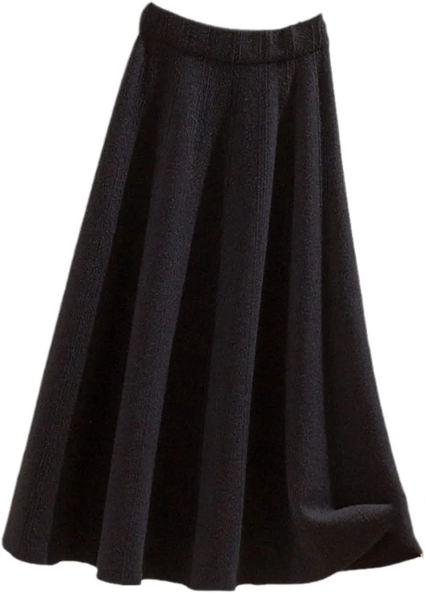 KEHAIOO Winter Autumn Women Knitted Pleated Midi Skirts, Ladies Solid Warm High Waist A-Line Skirt, Female Elegant A-Line