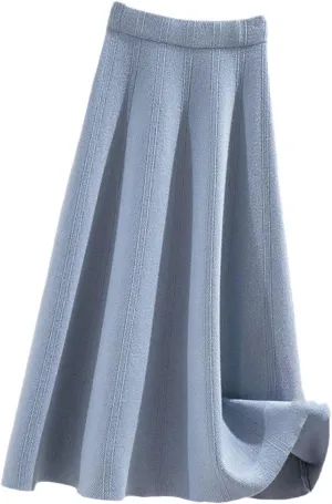 KEHAIOO Winter Autumn Women Knitted Pleated Midi Skirts, Ladies Solid Warm High Waist A-Line Skirt, Female Elegant A-Line
