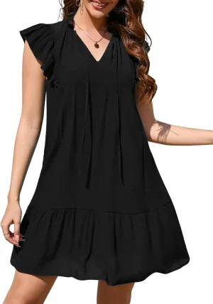 KOJOOIN Women's Babydoll Mini Dress Summer V Neck Flutter Sleeve Boho Floral Flowy Shift Short Dress