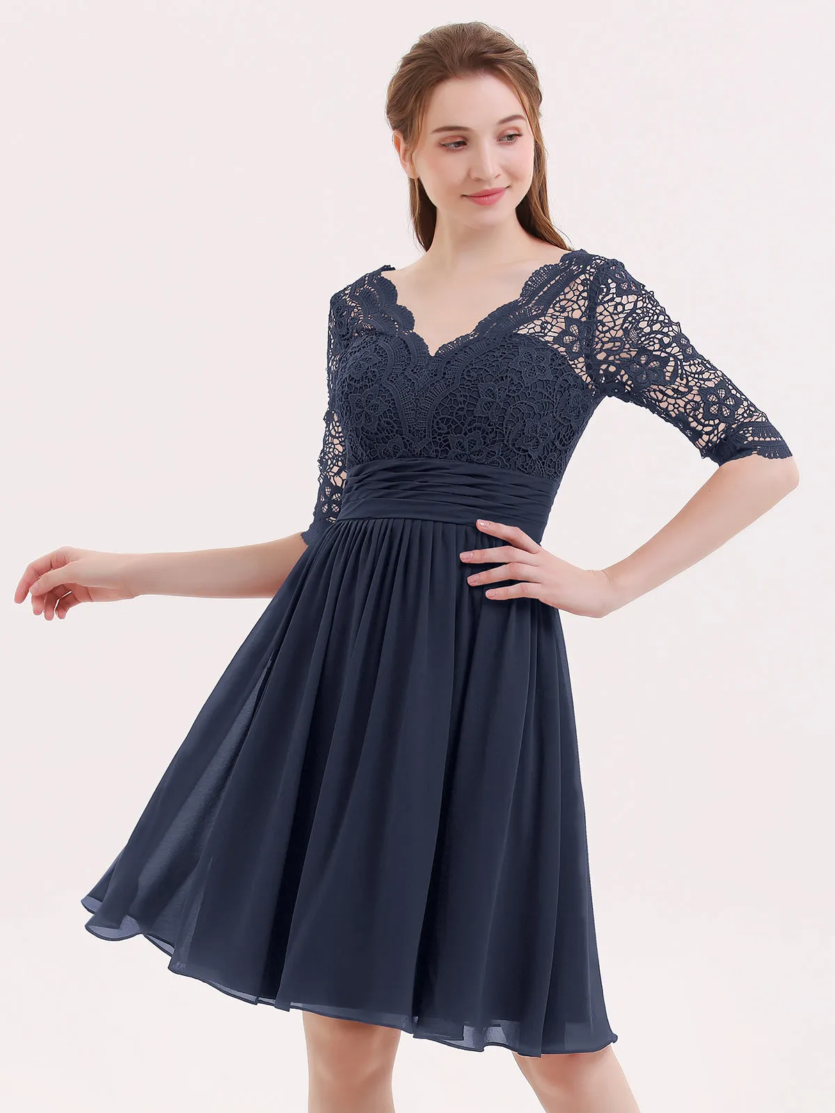 Lace and Chiffon Short Dress with Half Sleeves Dark Navy