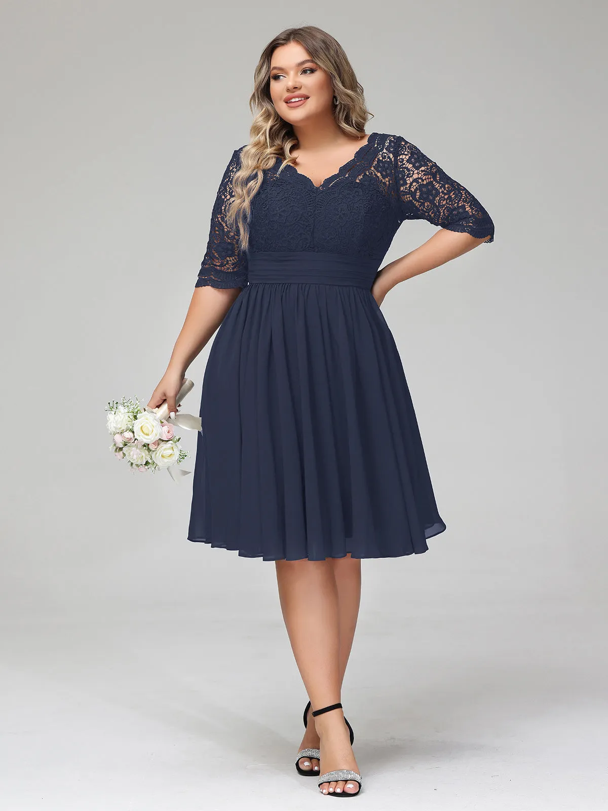 Lace and Chiffon Short Dress with Half Sleeves Dark Navy