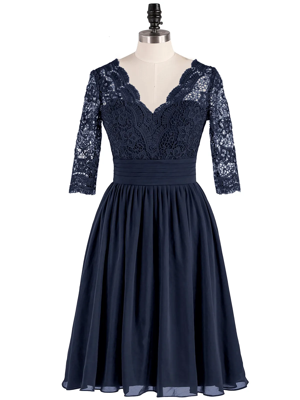 Lace and Chiffon Short Dress with Half Sleeves Dark Navy