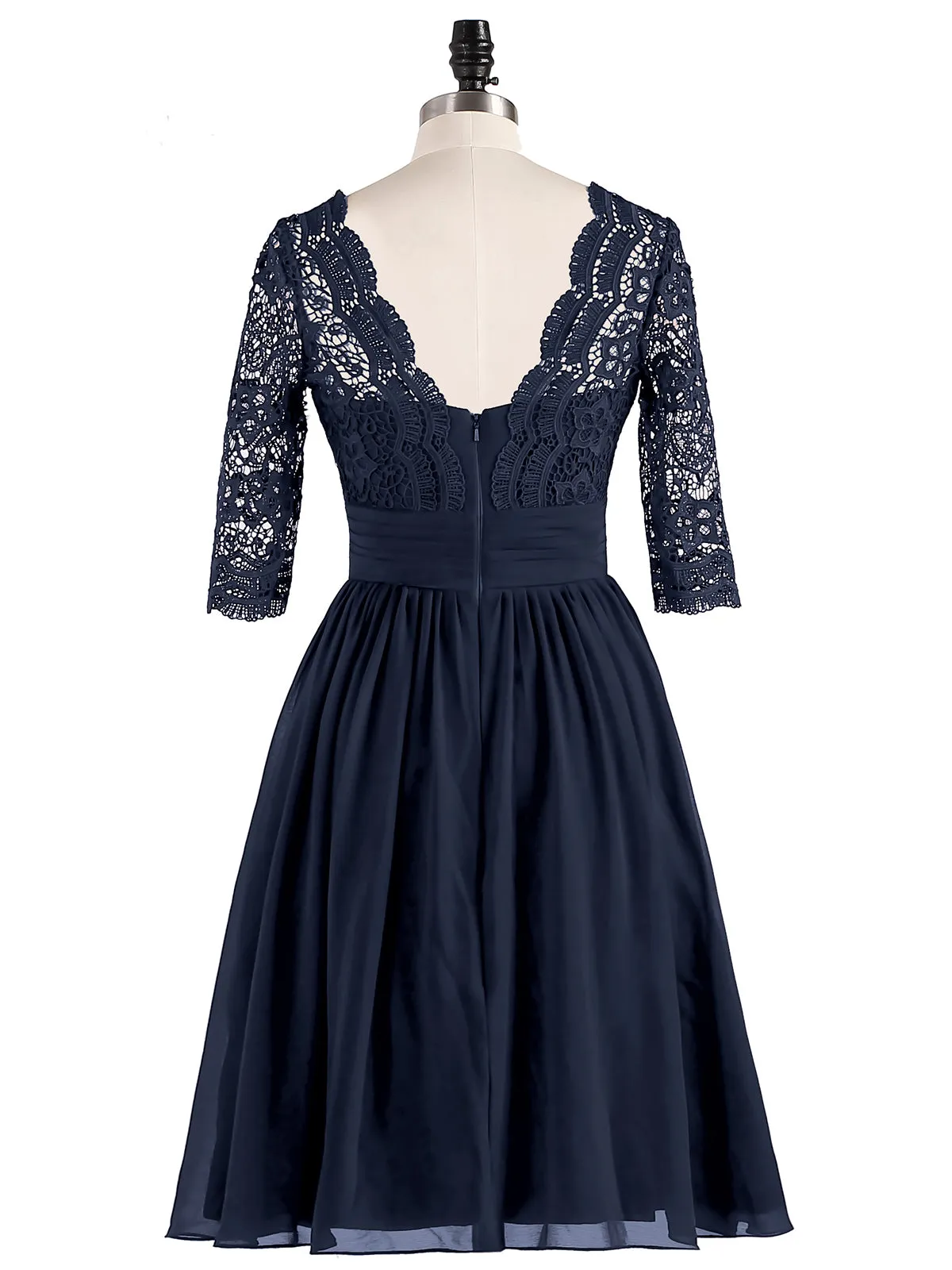 Lace and Chiffon Short Dress with Half Sleeves Dark Navy