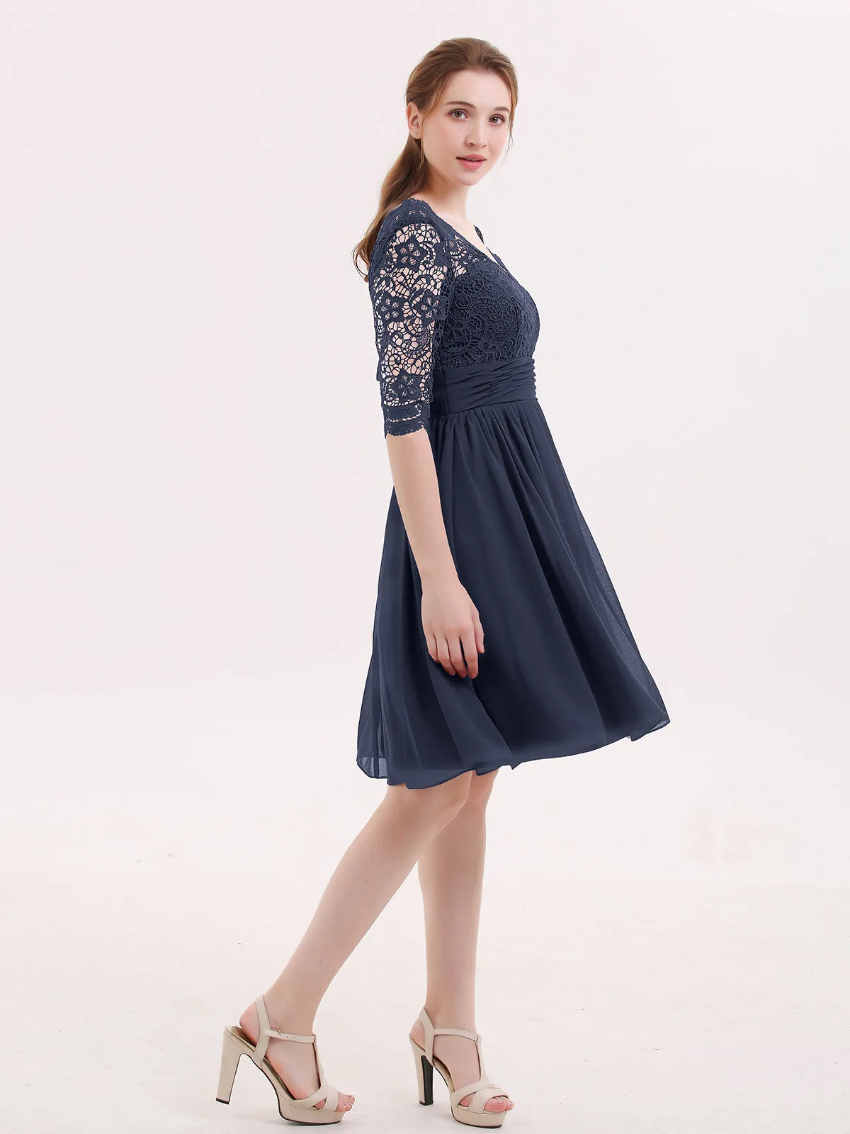 Lace and Chiffon Short Dress with Half Sleeves Dark Navy