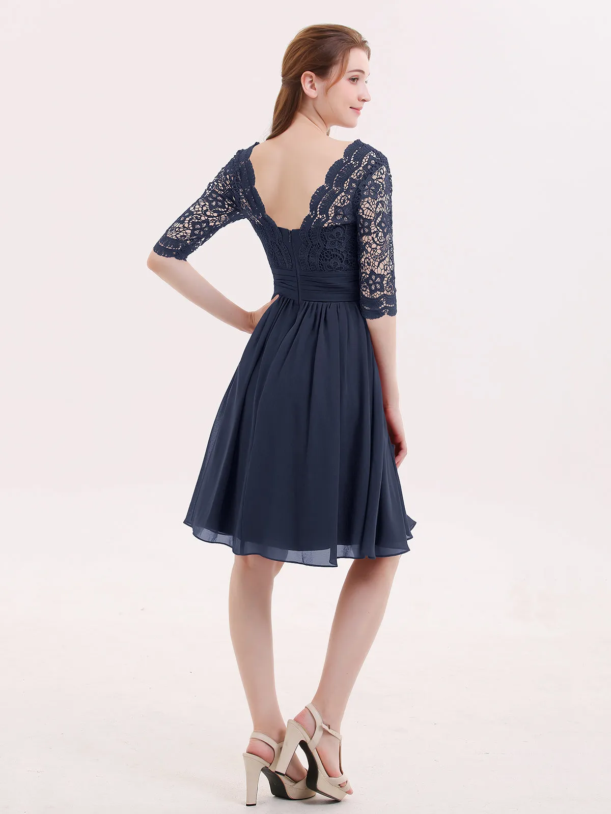 Lace and Chiffon Short Dress with Half Sleeves Dark Navy