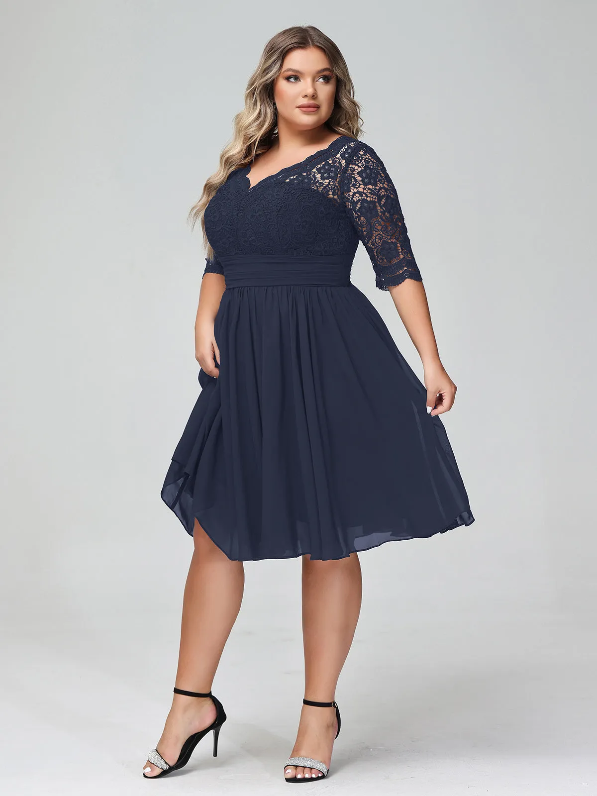 Lace and Chiffon Short Dress with Half Sleeves Dark Navy