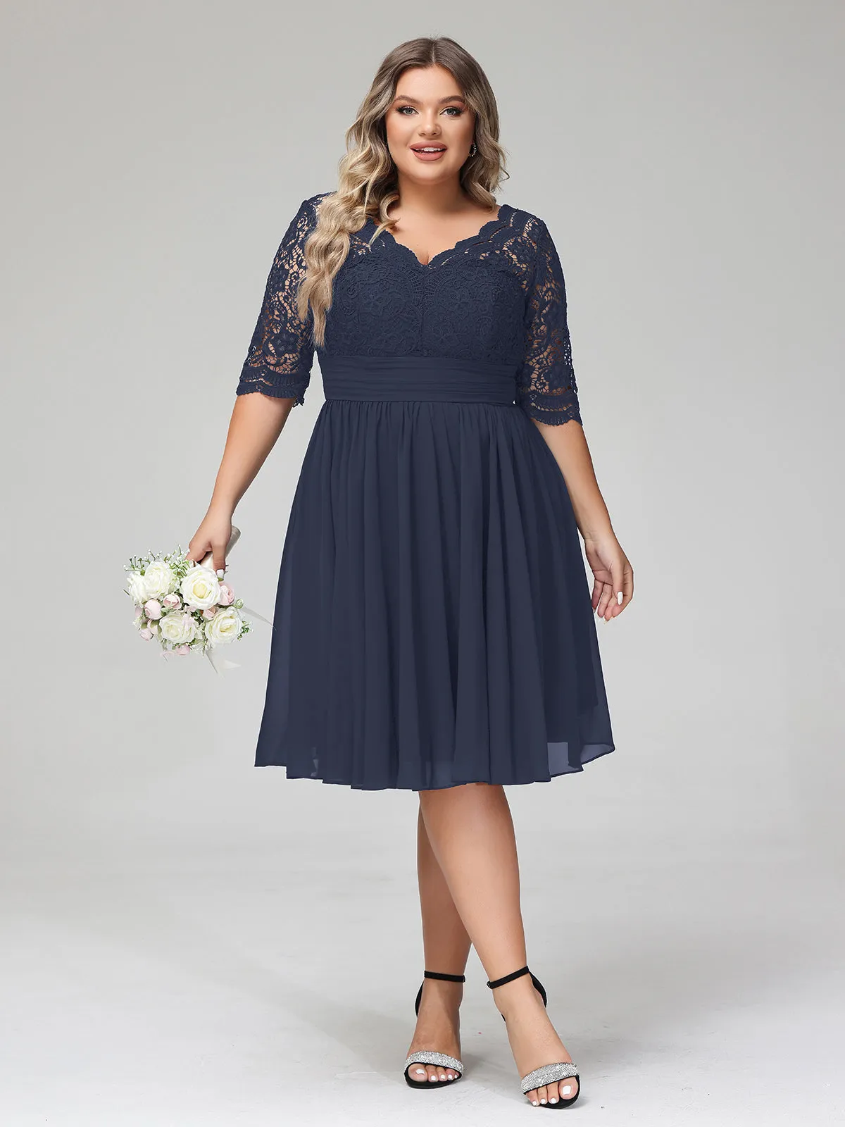Lace and Chiffon Short Dress with Half Sleeves Dark Navy