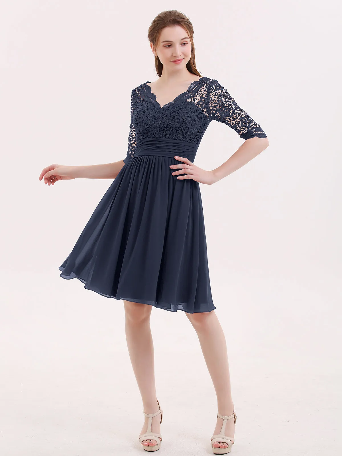 Lace and Chiffon Short Dress with Half Sleeves Dark Navy
