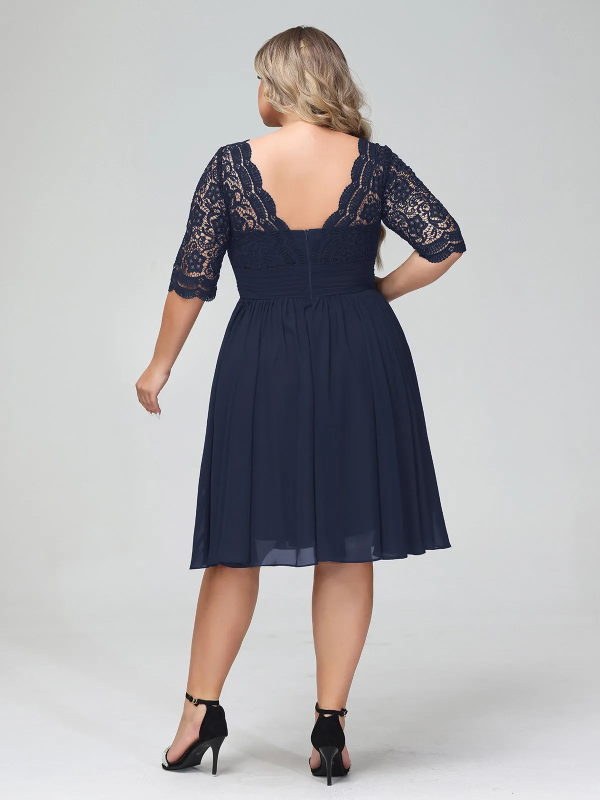 Lace and Chiffon Short Dress with Half Sleeves Dark Navy