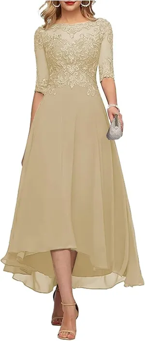 Lace Applique Mother of The Bride Dresses for Wedding Tea Length Half Sleeve Beaded Chiffon Formal Evening Dress with Pockets